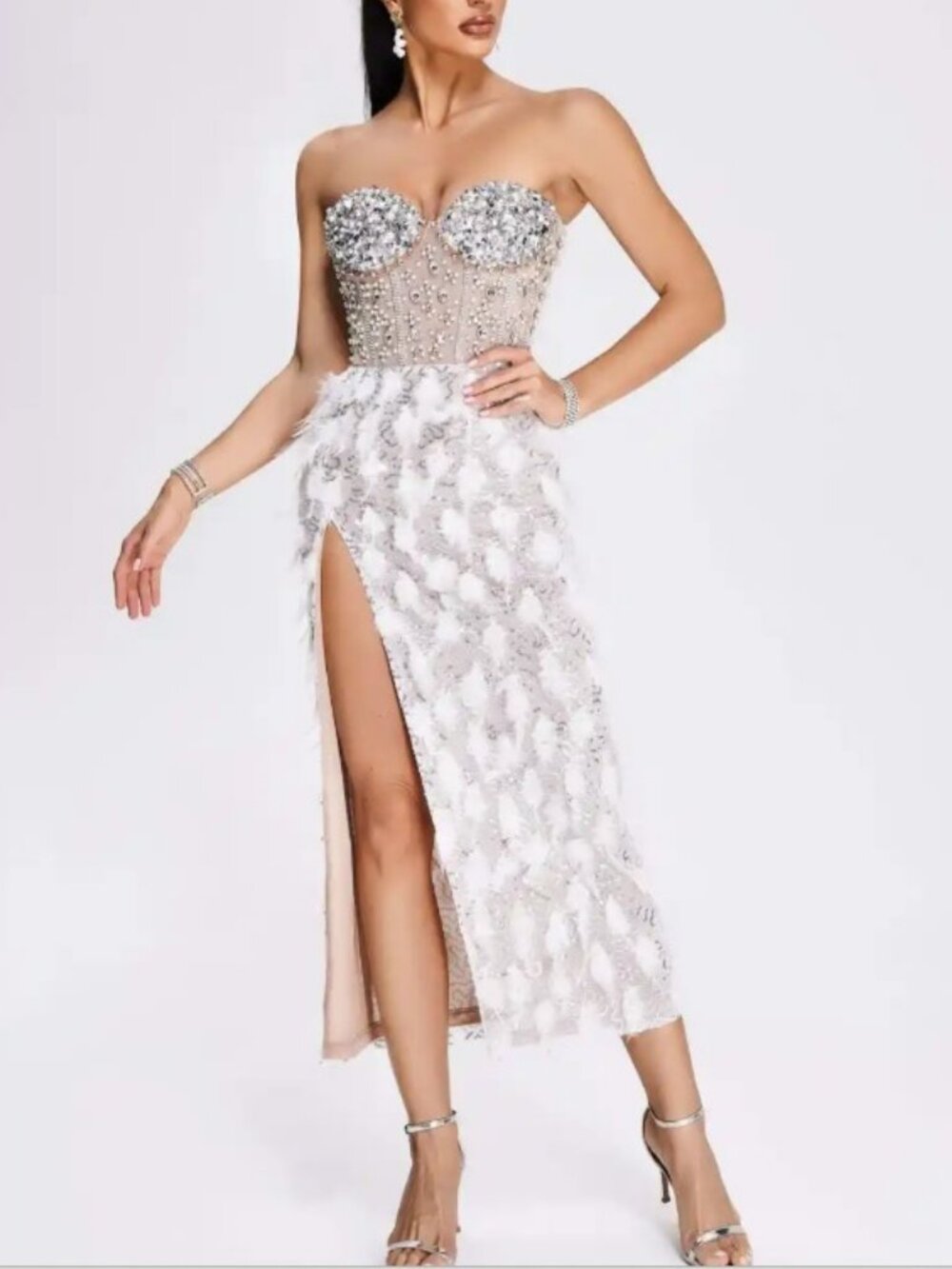 Mylie Strapless Diamonate Feather Midi Dress from Bella Barnett